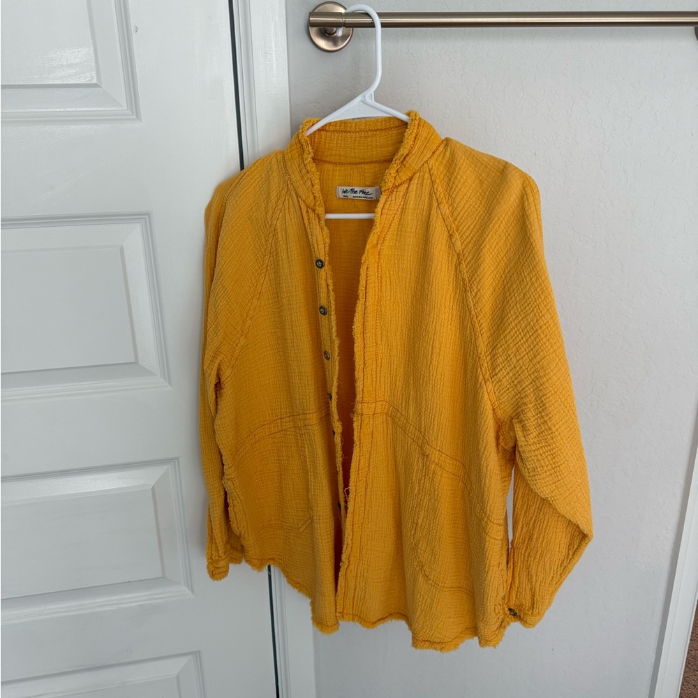 We The Free Mustard Cotton Button Up Top